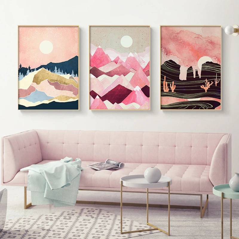 Pink Mountain Wall Art Print Japanese Cherry Blossom Tones Landscape Posters Pictures for Girls Room Decoration Maison Decor