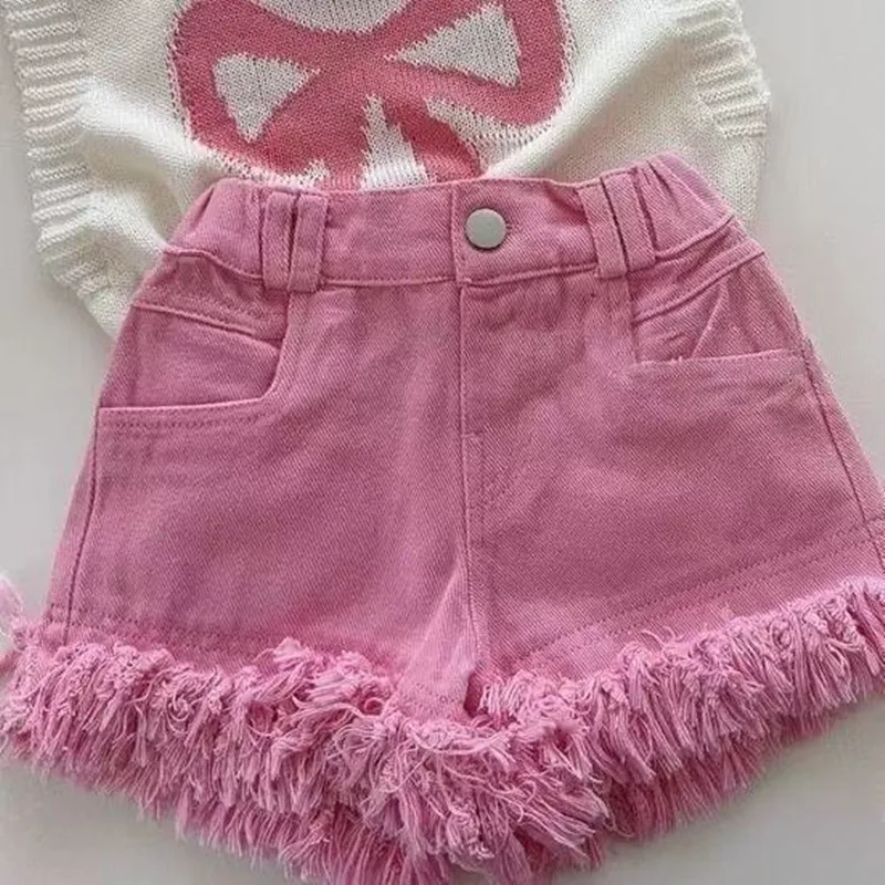 

Girls' Set Children's Summer Korean Version Knitted sleeveless T-shirt+Jeans Fashion Two-piece Set