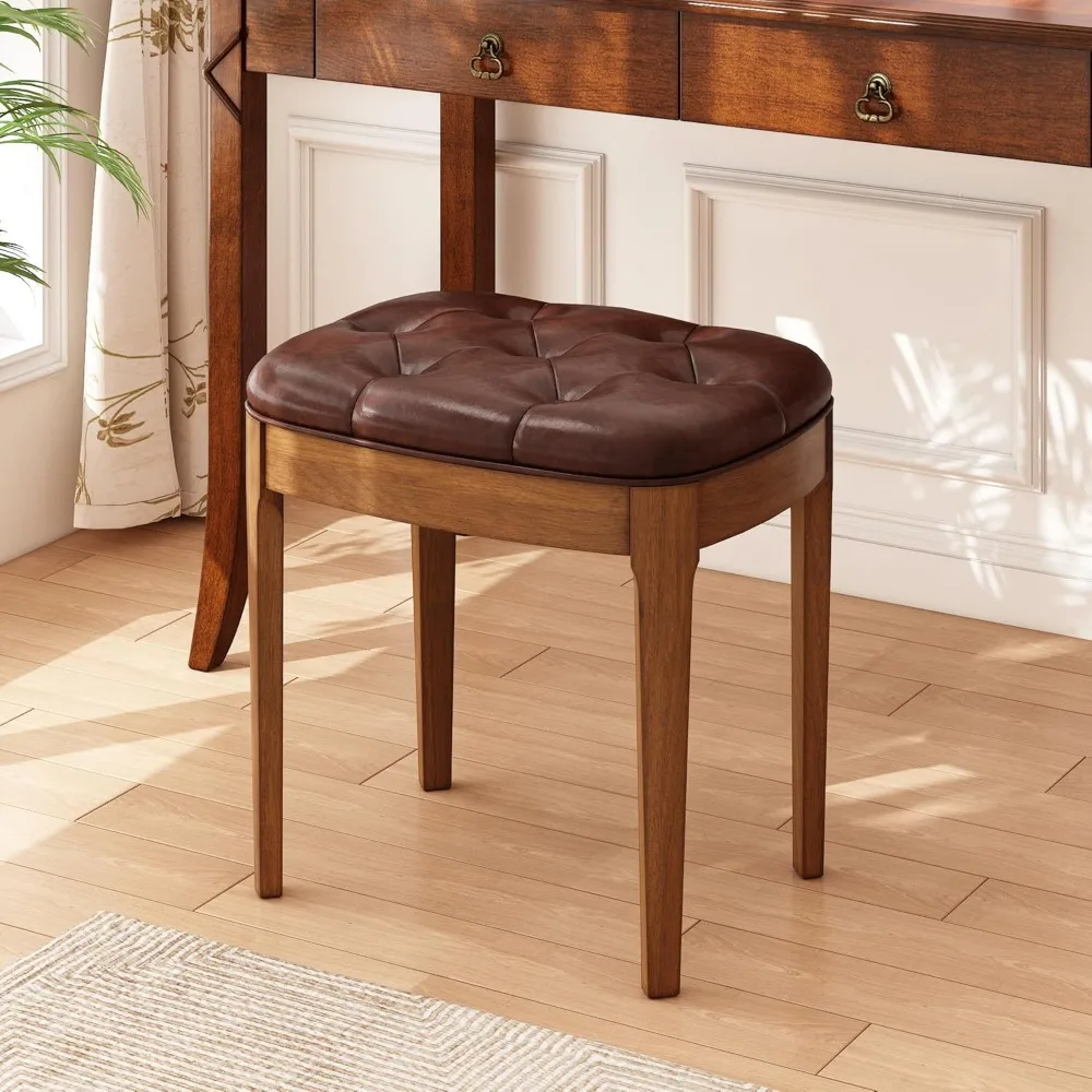 

Solid Wood Button Tufted Vanity Stool, Ottoman Stool with Wood Legs & Padded Seat PU Leather Upholstered Piano Bench