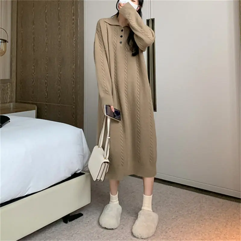 French Lapel Twists Sweater Dress For Women Autumn And Winter 2023 Casual Fashion Loose Long Pullover Shirt Knit Dress Z2342