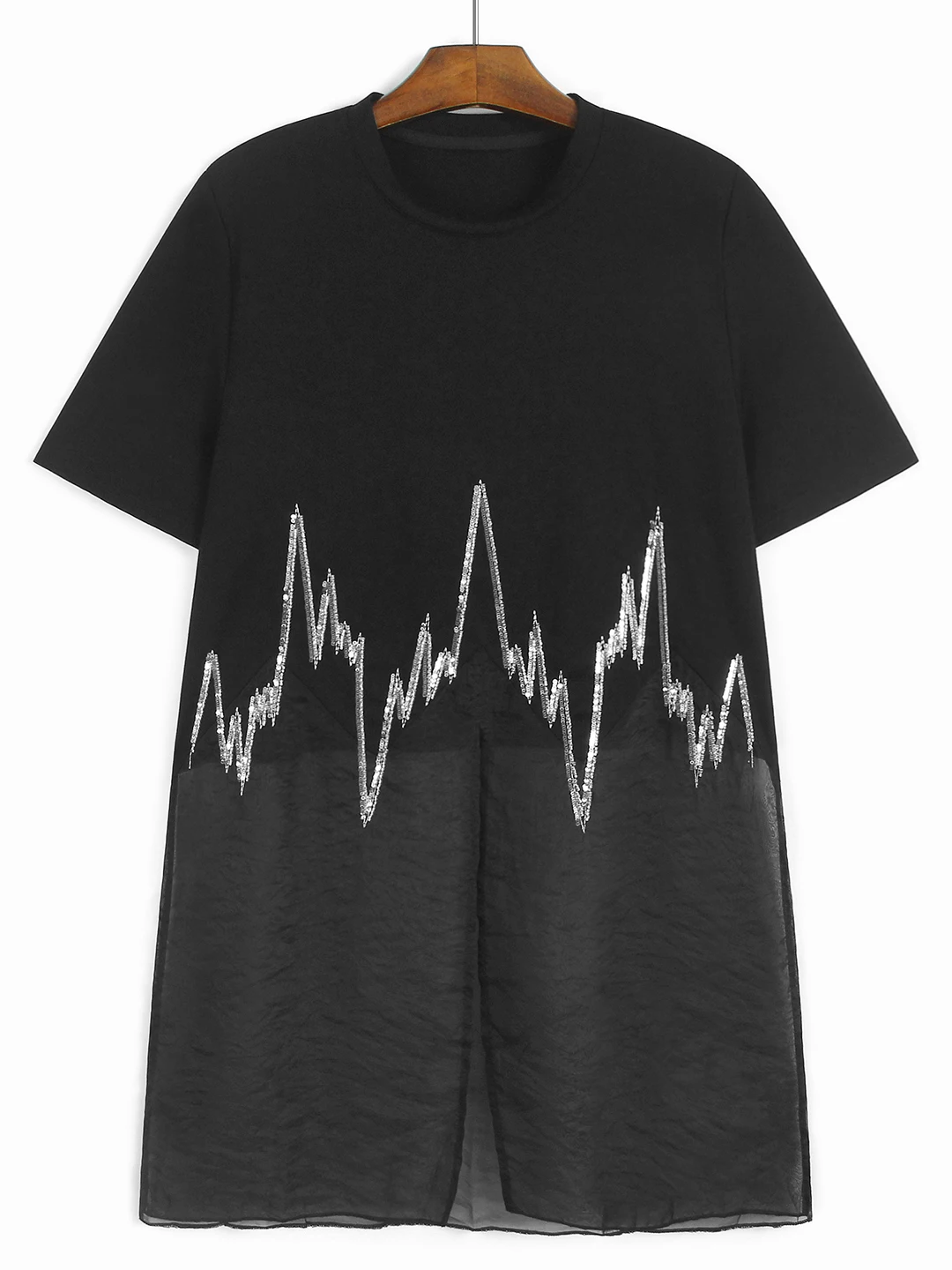 

Женская летняя новинка: свободная футболка-юбка средней длины в темном стиле с объемными подплечниками, пайетками и нейлоновыми вставками, с коротким рукавом