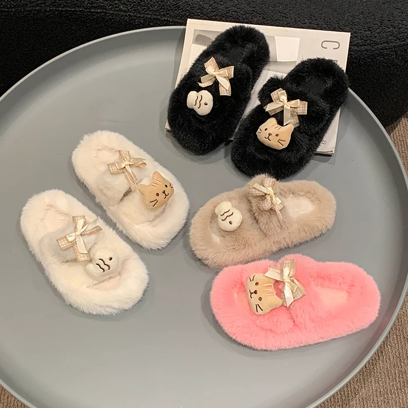 

2024 Winter New Children Warm Shoes for Girls Fashion Korean Style Cute Cat Soft Bottom Anti-slippery Casual Outside Slippers