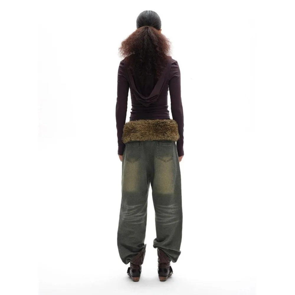 Gothic Punk Retro Leather Belt Hand-Sewn Y2K Waist Cincher Hook Closure Fur Belt Women Fashion Waistband Decor