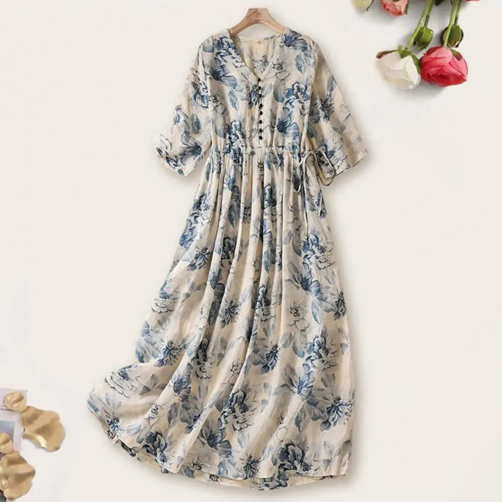 

Loose Fit Pleated Dress Floral Print A-line Midi Dress with Elastic Waist Side Pockets for Women Retro Style Pleated for Beach