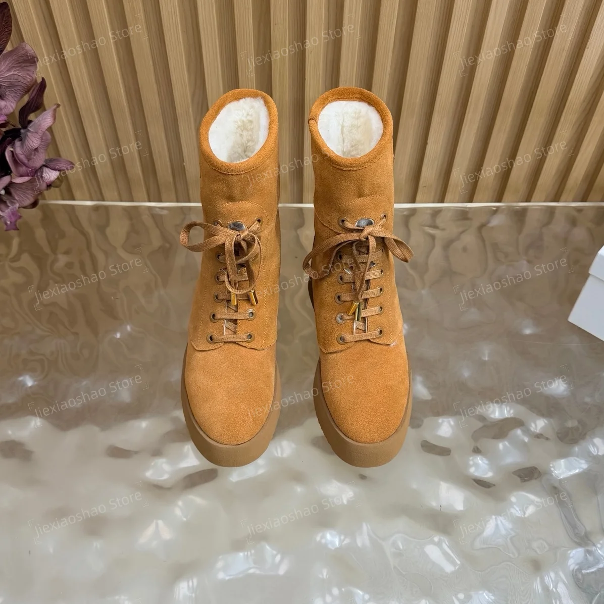 2026 New Collection Winter Cow Suede Round-Toe Thick Sole Lace-Up Ankle Boots Wool Snow Boots Chelsea Boots Zapatos De Mujer