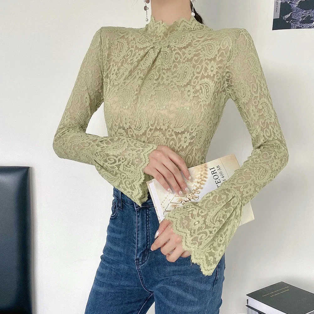 

Blouse Women Lace Shirt Stretch Turtleneck Bell Sleeve Office Lady T Shirt All-Match Elegant Trend Top Slim Sexy Sweet Underwear