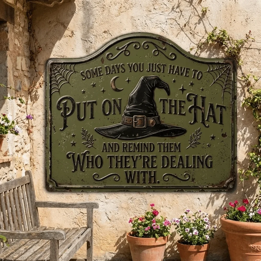 2D Flat Printing Witch Hat Sign Wooden Vintage Witch Garden Sign Decorative Plate Retro Wall Art Sign Outdoor Decoration