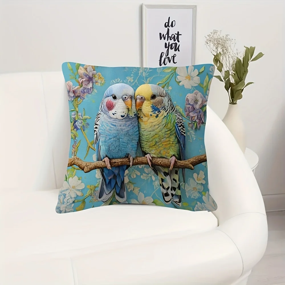 Vintage Budgie Parrot Pillow Case Double-Sided Bird Print Decorative Cushion Cover, Machine Washable Home Car Decor, 1PC