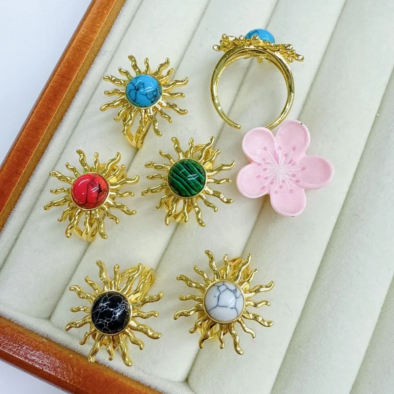

5 Fashion Wave Sun Set Synthetic Turquoise Open Ring Men's and Women's Copper Plated Color Retention Adjustable Ring
