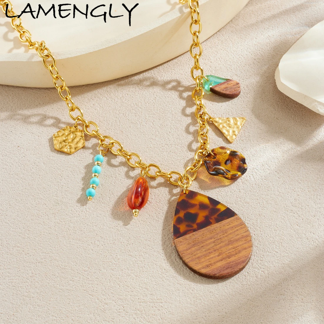 LAMENGLY 316L الفولاذ المقاوم للصدأ العرقية نمط العنبر الاكريليك الخشب الربط قطرة الماء قلادة قلادة سيدة رواية الاتجاه مجوهرات #1