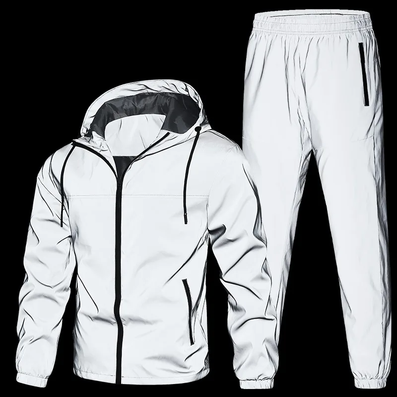 

UETEEY Night Reflective Outerwear Sets Men Double Fabric Waterproof Windbreaker Man Hip Hop Cycling Sports Running Suits Male
