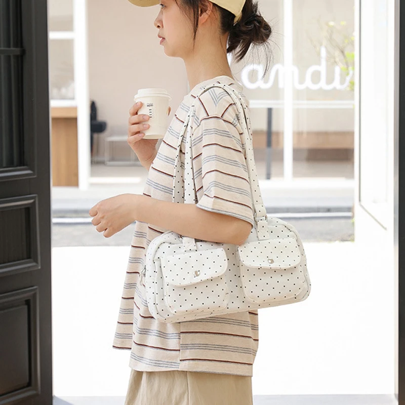 Mehrfach-Taschen-Schultertasche mit Polka Dots, Damen-Canvas-Tragetasche, Koreanische Lässige Süße Niedliche Pendler-Einkaufs-Reisetasche – Detail 25