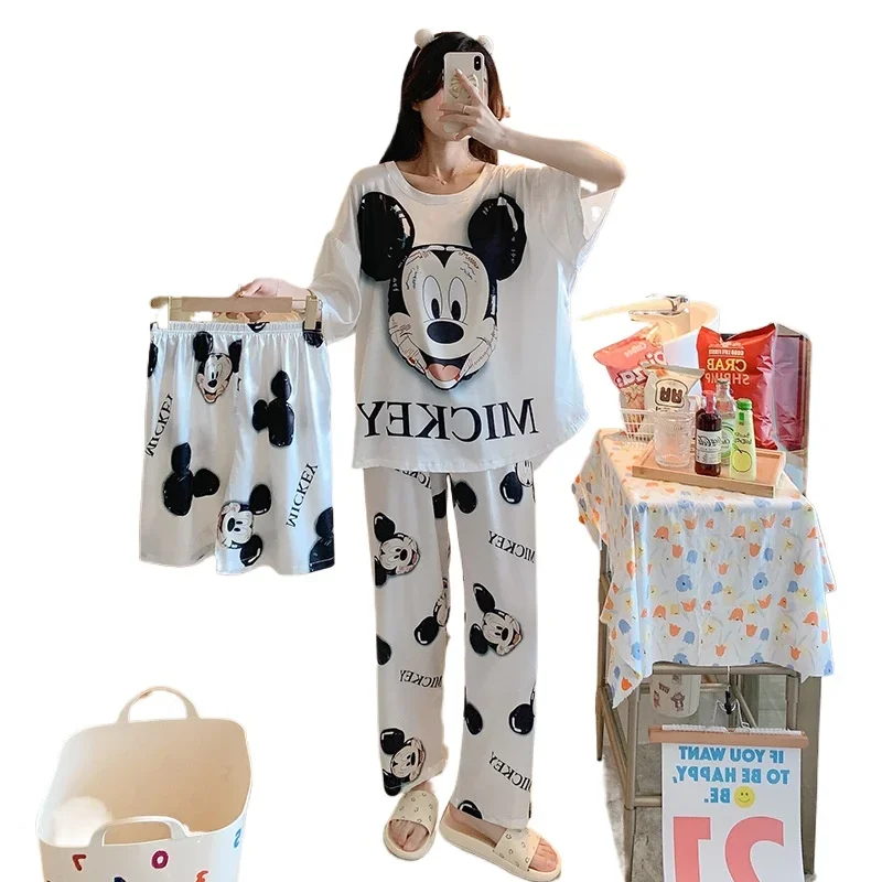 Disney New Mickey Mouse Three-Piece Pajamas Silk Women\'s Casual and Lightweight Breathable Cool Cute Cartoon Home Pajamas