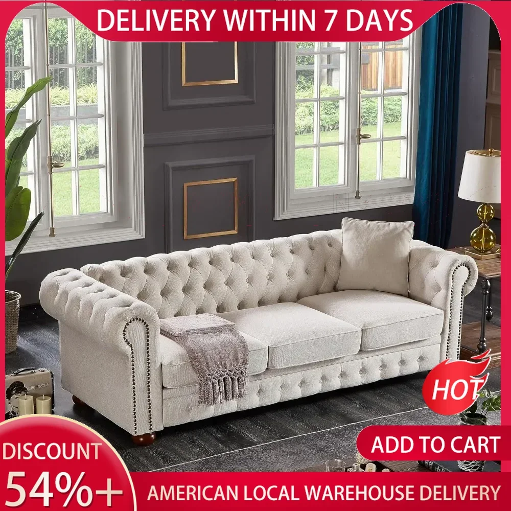 Chesterfield Sofa,with Low Back,Linen Fabric Couch  Roll Arm Nailhead Trim Classic 3 Seater Sofa for Living Room, Home Furniture