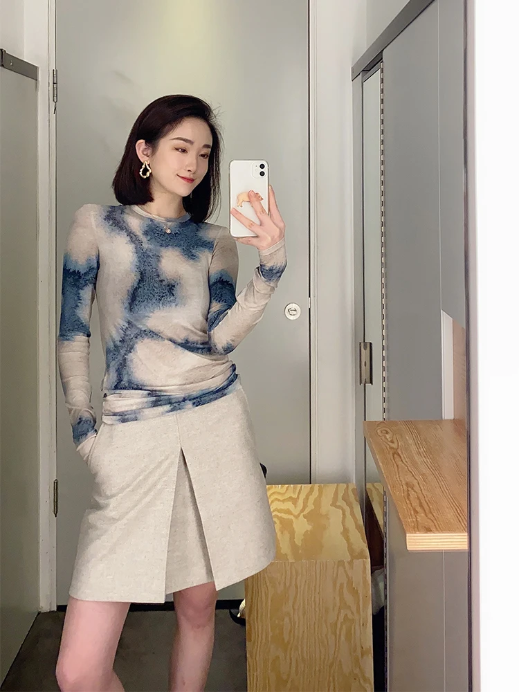 

Женская футболка Faionable Tie-Dye Water-Mark Print Long Sve round Ne, облегающий базовый топ на осень и зиму