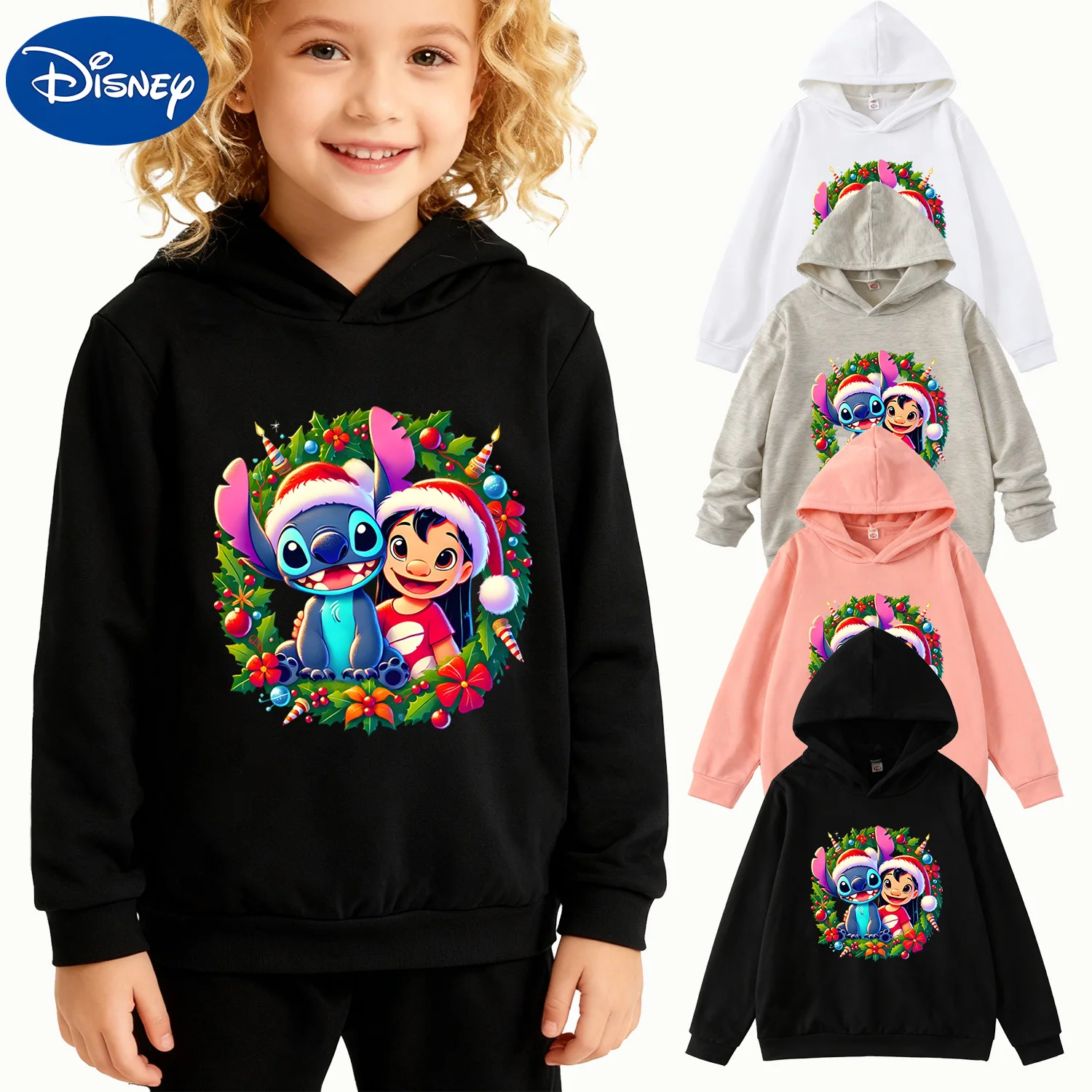 

Детская толстовка с рождественским венком Disney Lilo & Stitch, черный пуловер с длинными рукавами