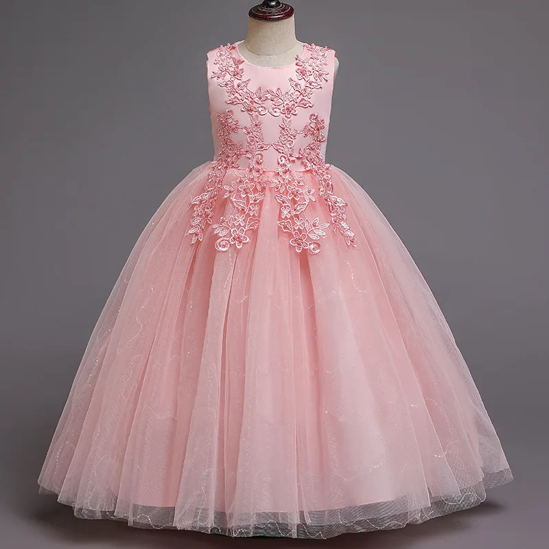 Vestido de princesa de malha fofa infantil, Cintura, Lantejoulas, Sem mangas, Longo, Florista, Festa de Casamento