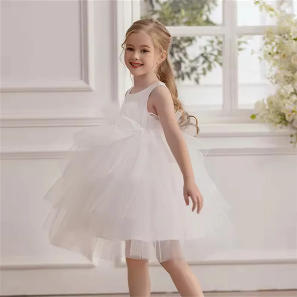 

Elegant Sleeveless White Flower Girl Wedding Dress Princess Puffy Birthday Evening Party Dress First Communion Gown Customized