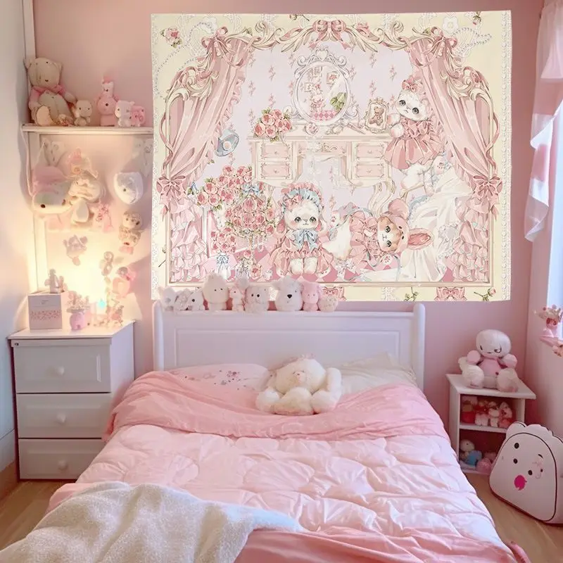 VIKAMA Sweet-Style Lolita Print Tapestry, Light Pink Dreamy Doll Room Wall Hanging, Girly Wall Decoration