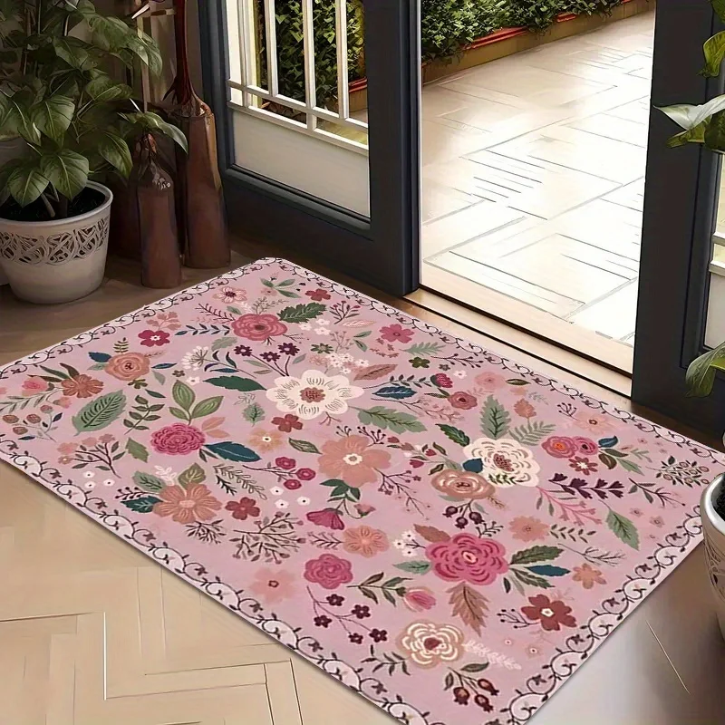 Vintage Pink Floral Doormat Elegant Botanical Border Print Non Slip Entry Rug For Entryway Hallway And Feminine Home Decor