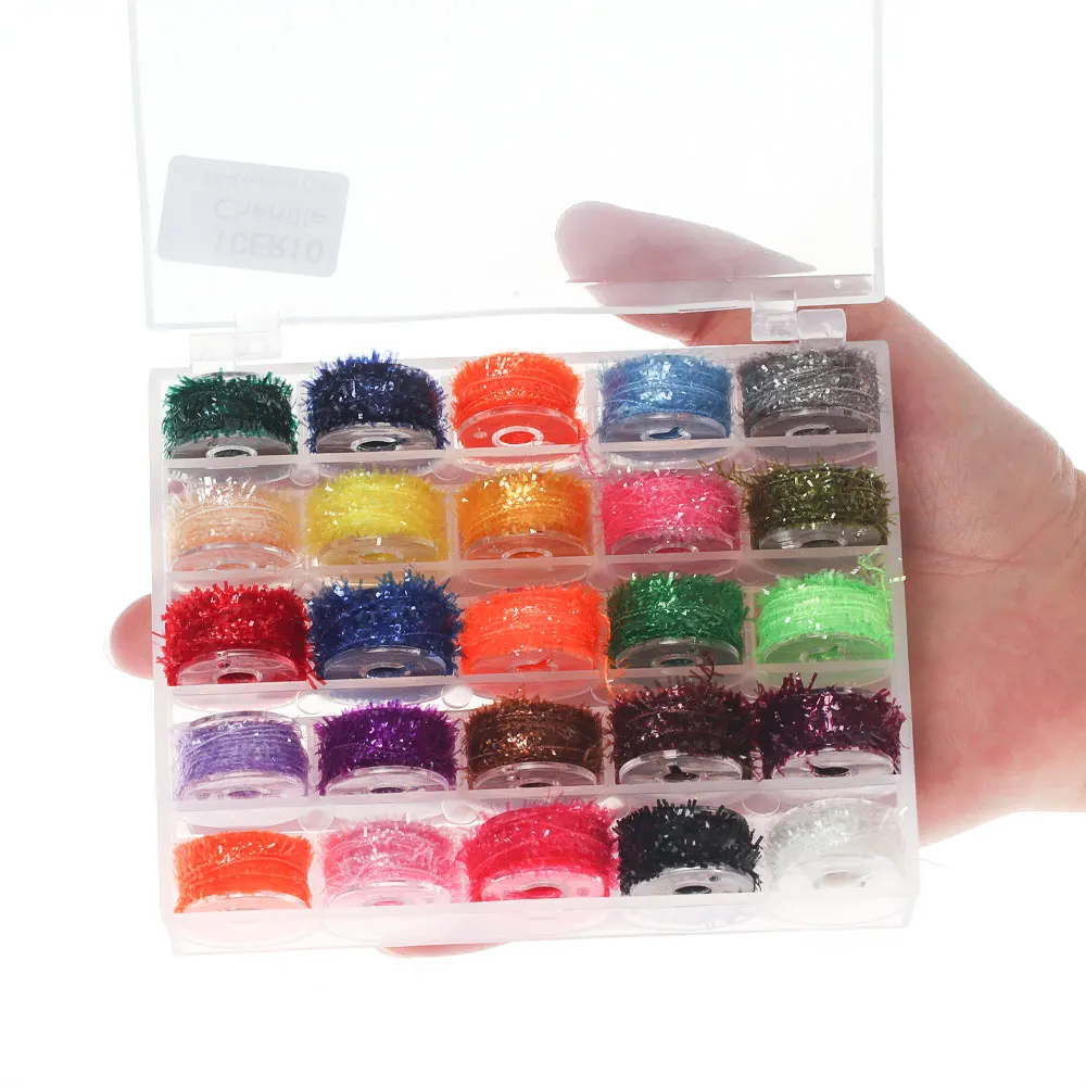 5m/Reel 25pcs Random Mix Fly Tying Ice Chenille Material For Nymphs Streamer Fly Marabou Jig Flies Bobbin Holder Chenille Tool k