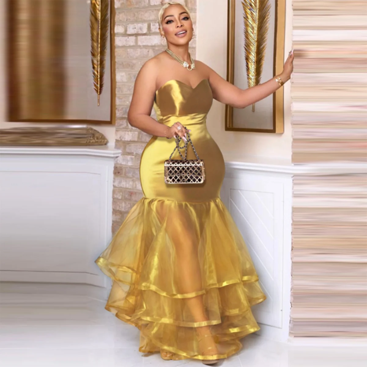 

Gold Satin And Tulle Mermaid Prom Dress Sweetheart Aso Ebi Women Evening Gowns Floor Length See Through Women Party Dress
