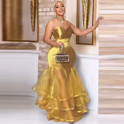 Gold Satin And Tulle Mermaid Prom Dress Sweetheart Aso Ebi Women Evening Gowns Floor Length See Through Women Party Dress
