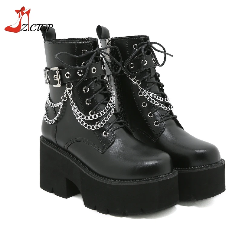 

Punk Style Ankle Boots Women Chunky Heels Platform Boots Big Size 43 Cool Chain Black Gothic Thick Bottom Women Shoes