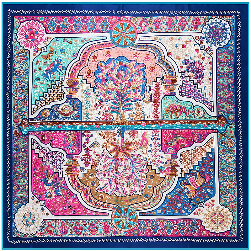 130cm Luxury Brand Shawl 100% Twill Silk Scarf Floral Reflection Square Scarves Kerchief Woman Bandana Scarves Wraps Hijab