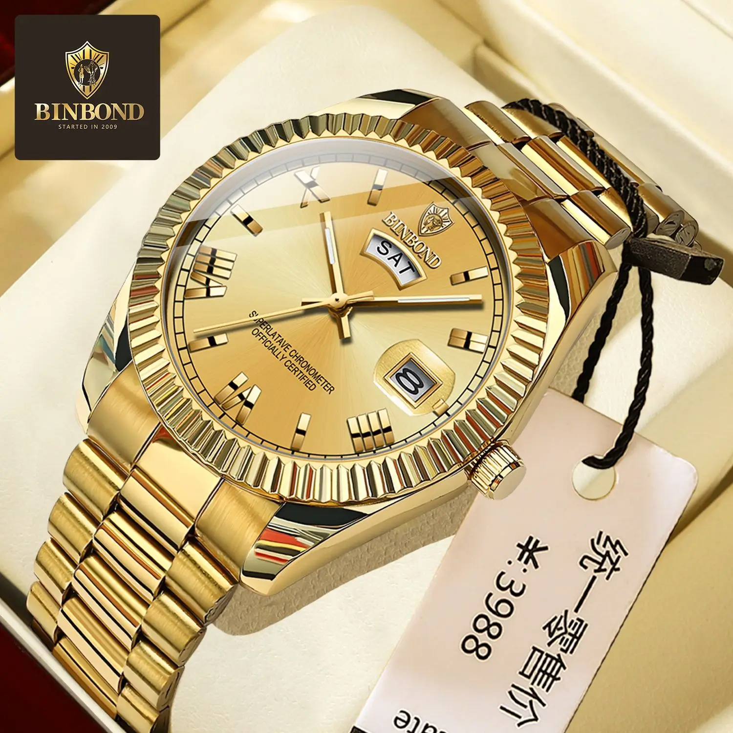 

BINBOND Brand Luxury Mens Business Sports Quartz Watch Waterproof Luminous Calendar Clock Male Wristwatch Date Gold Watch Men