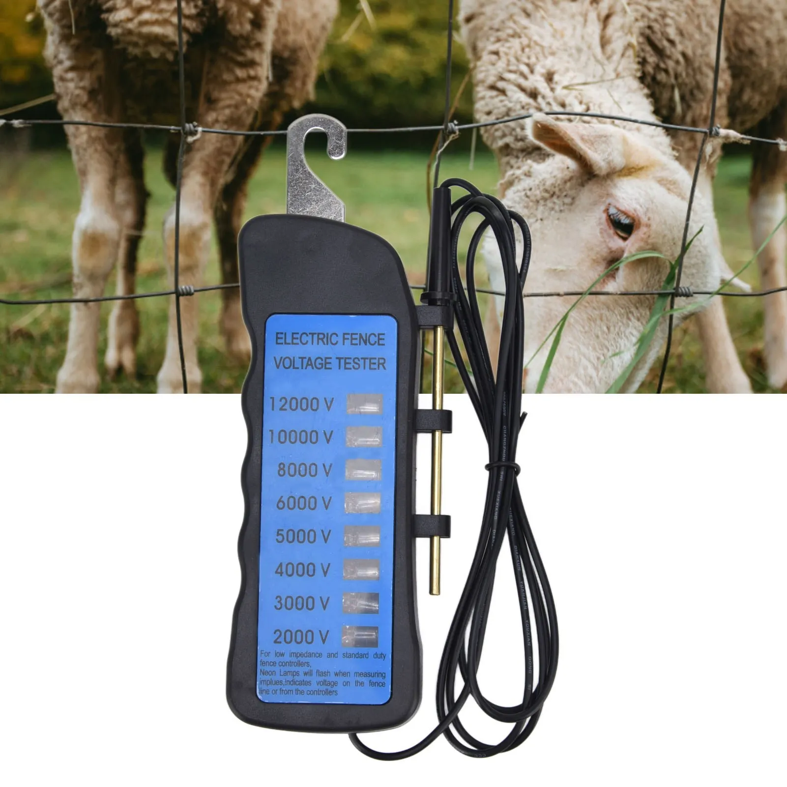 12KV Fence Voltage Tester 2000V to 12000V Voltage Testing Range 8 Neon Indicator Lights Waterproof Fence Tester for Farms