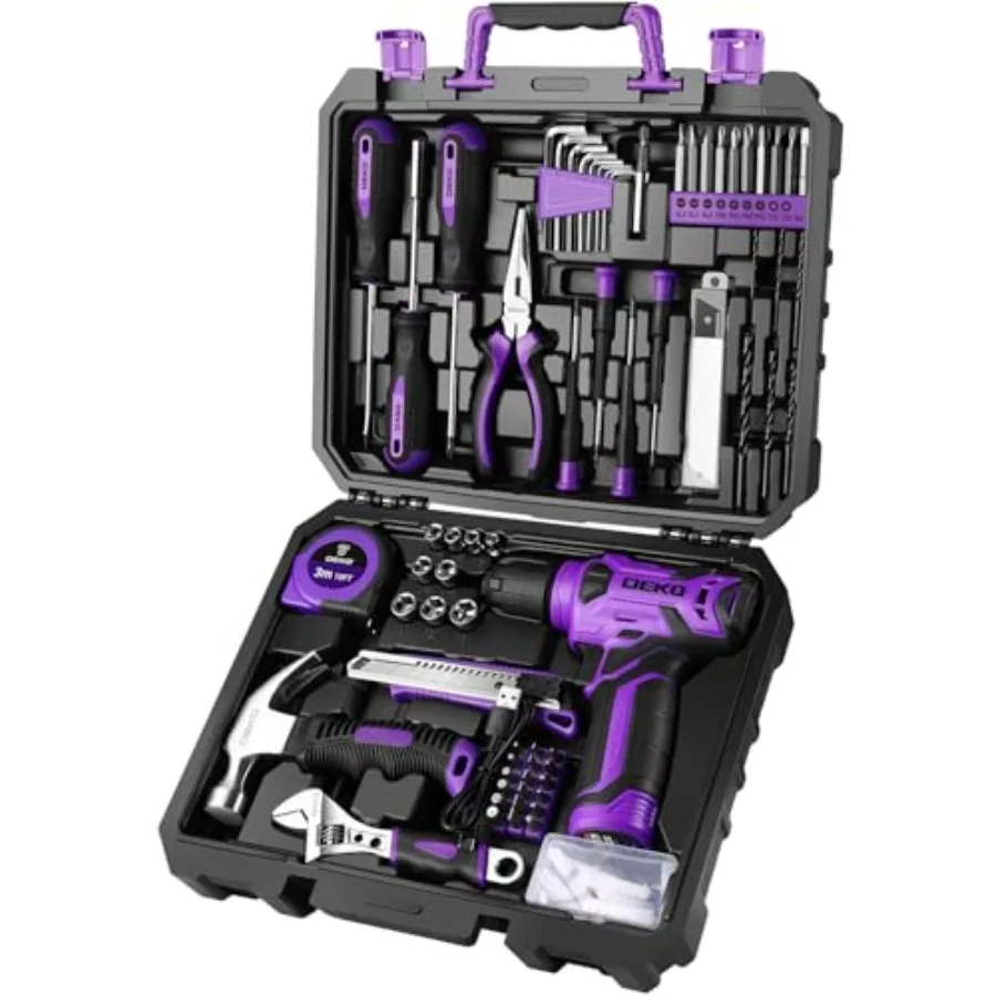 Tool Set: Tool Kit with 8V Cordless Drill Hand Toolbox with storage case Tool set for Home Repairs 126 Piece Purple