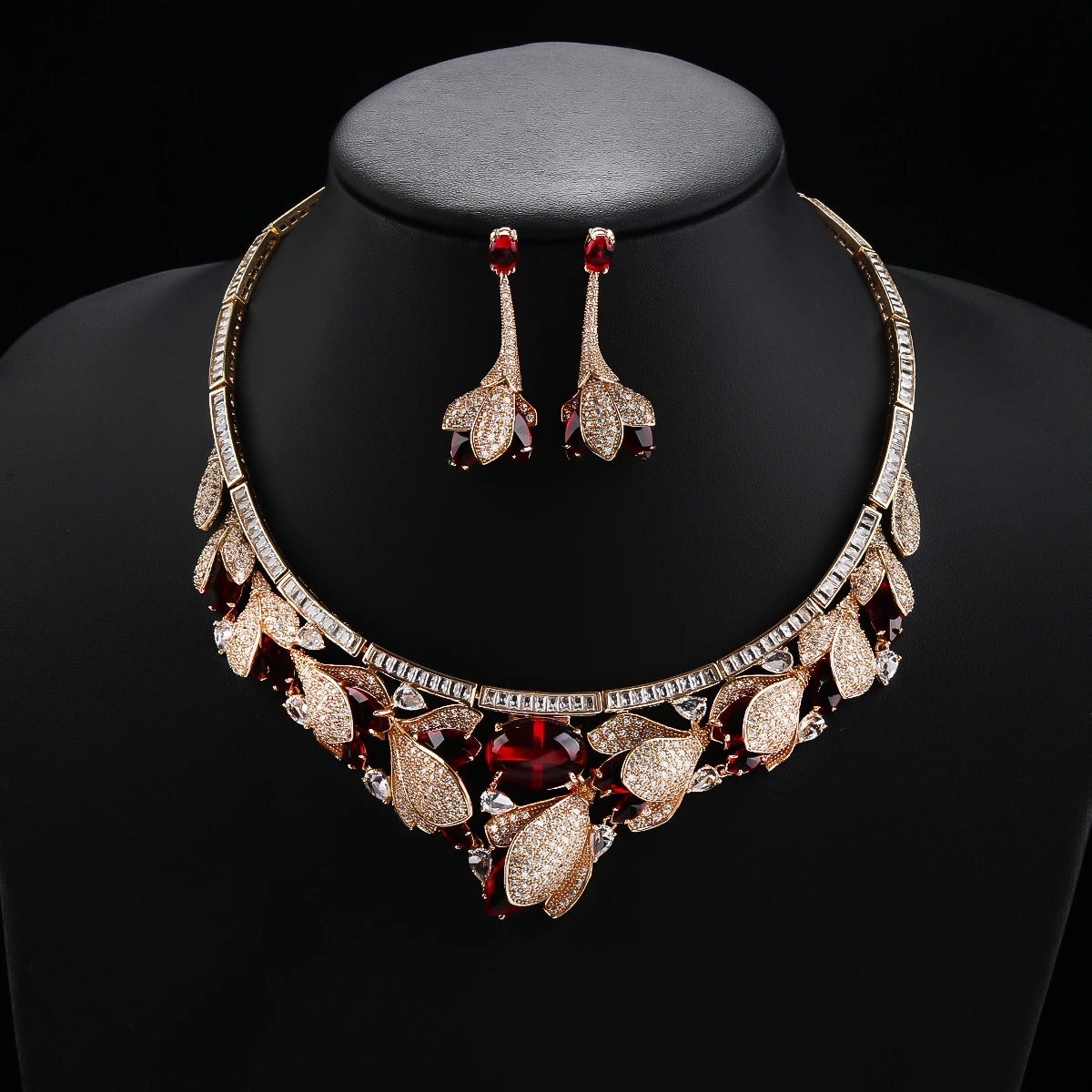 Trendy Statement Tulips Florals Necklace  Earring Sets Women Wedding Full Cubic Zircon Dubai Bridal Jewelry Set CN11117