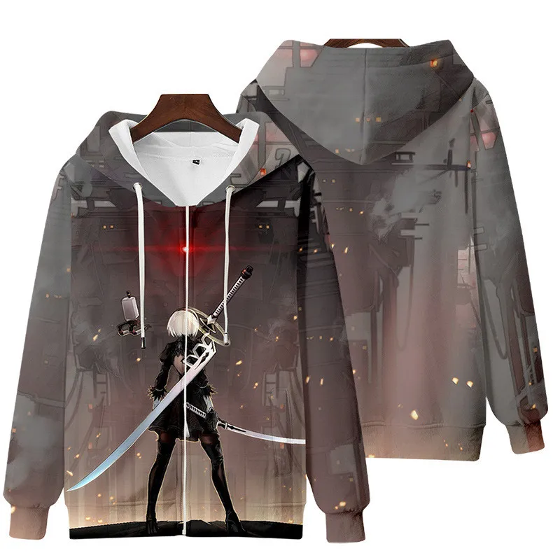 Game NieR Automata 2B YoRHa No. 2 Type B 9S YoRHa No. 9 Type S Cosplay Costume 3D Sweatshirt Men Zipper Hoodies Outwear Coat
