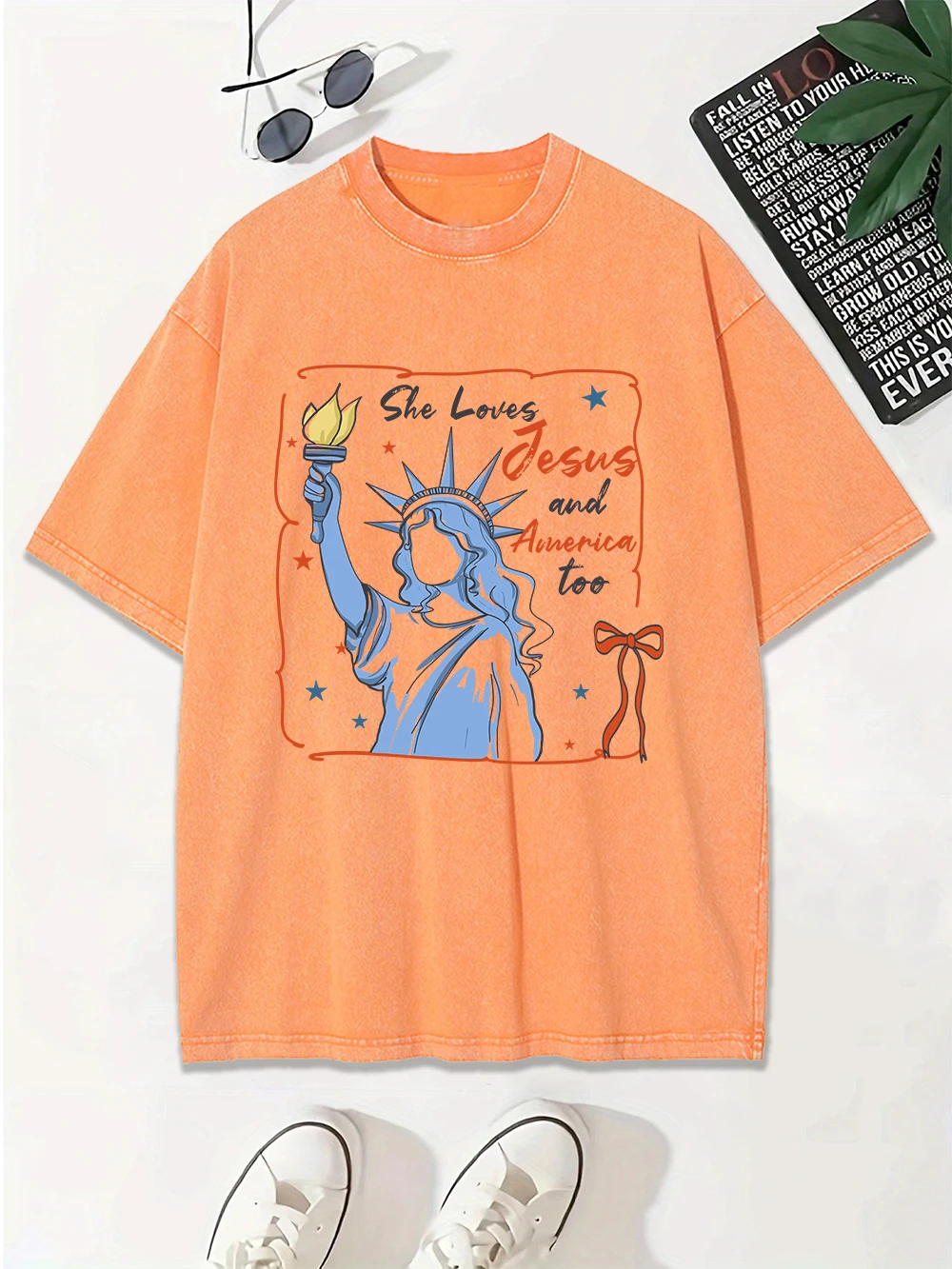 

She Loves Jesus And America Prints Washed T-Shirt Women Cotton Oversize T Shirts Casual O-Neck Distressed Tops Summer Clothes