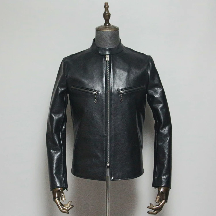 

YR!Free shipping.quality tanned cowhide jacket,vintage leather coat,black man genuine leather clothing.slim biker style.