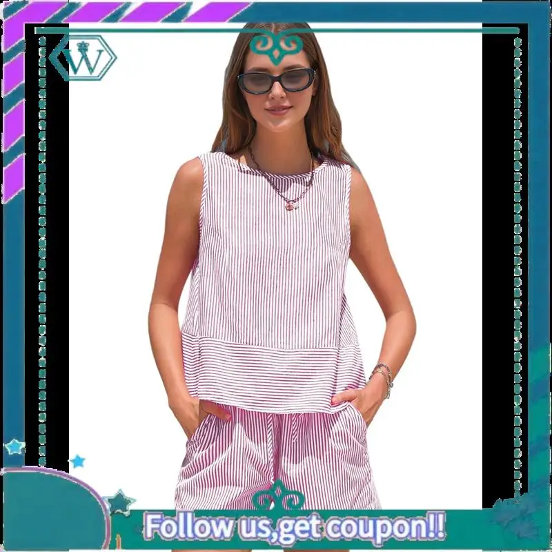 A09P Damskie letnie komplety dwuczęściowe: bezrękawnik i dopasowane szorty, bawełniane zestawy w paski