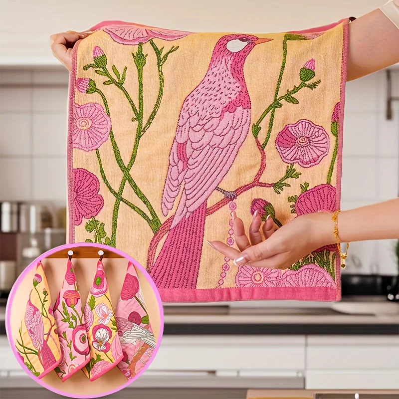 Fingertip Towel with Colorful Bird and Flower Pattern, Large Washcloth Hand Towel with Colorful Floral Print Handkerchief Towels