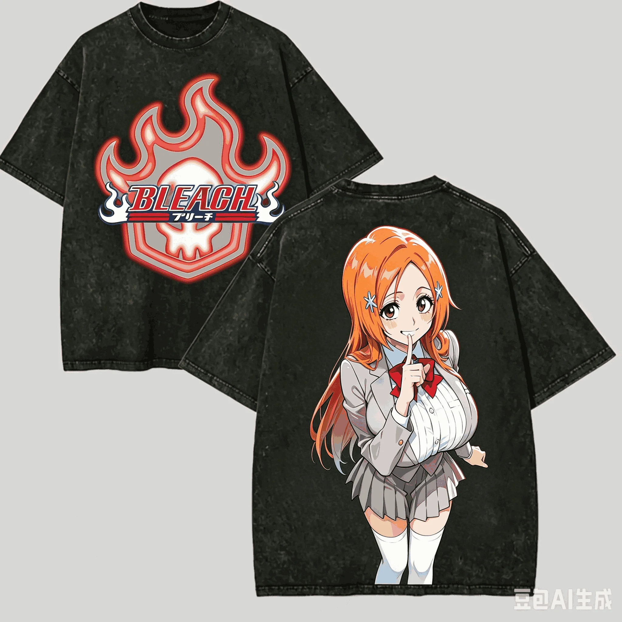 Bleach Vintage Washed T‑shirt Inoue Orihime Anime Girl Graphic Print Unisex Loose Cotton Short Sleeve Harajuku Streetwear Tee