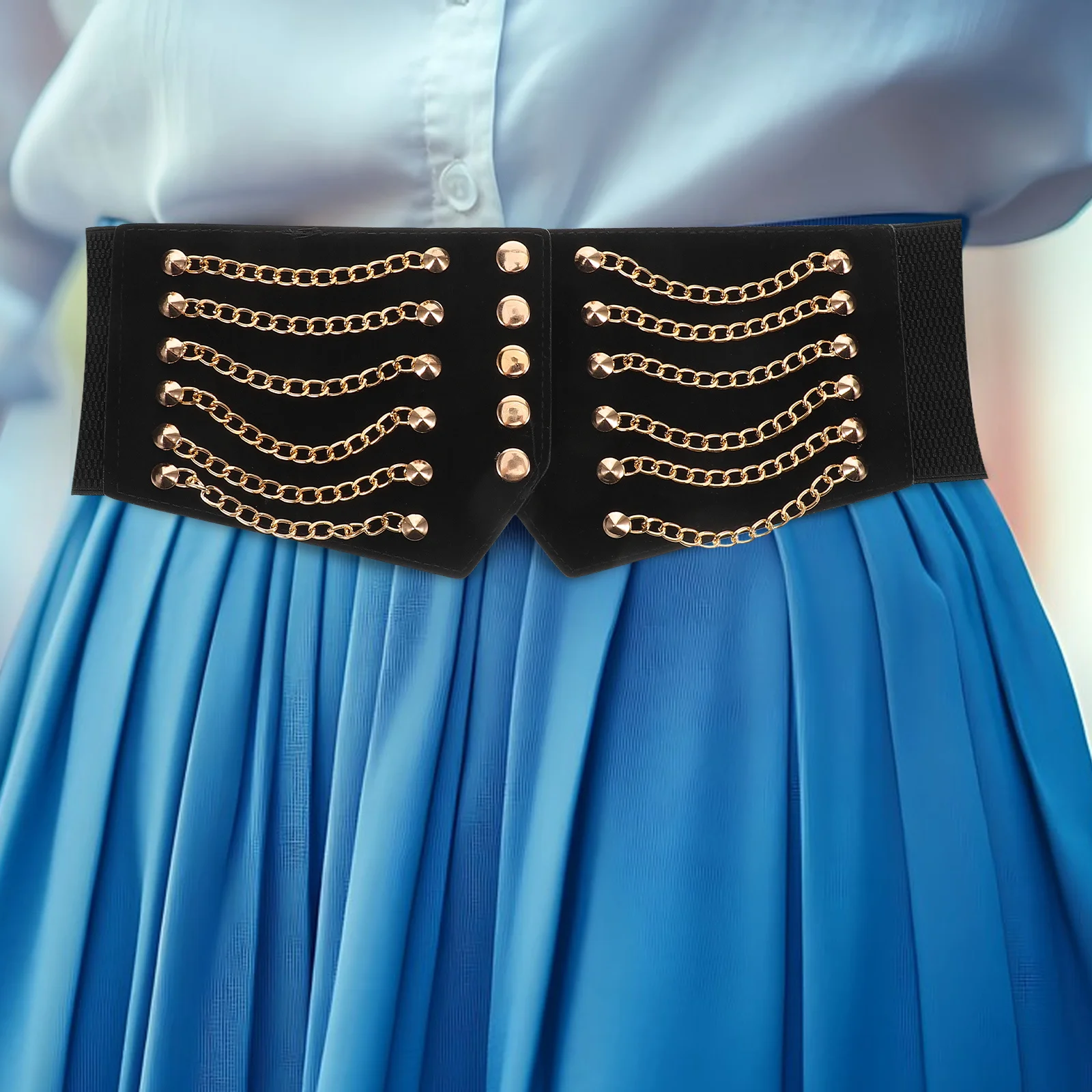 Cintura larga da donna Cintura elastica vintage con occhielli a catena in metallo Cintura con lacci alla moda per abiti