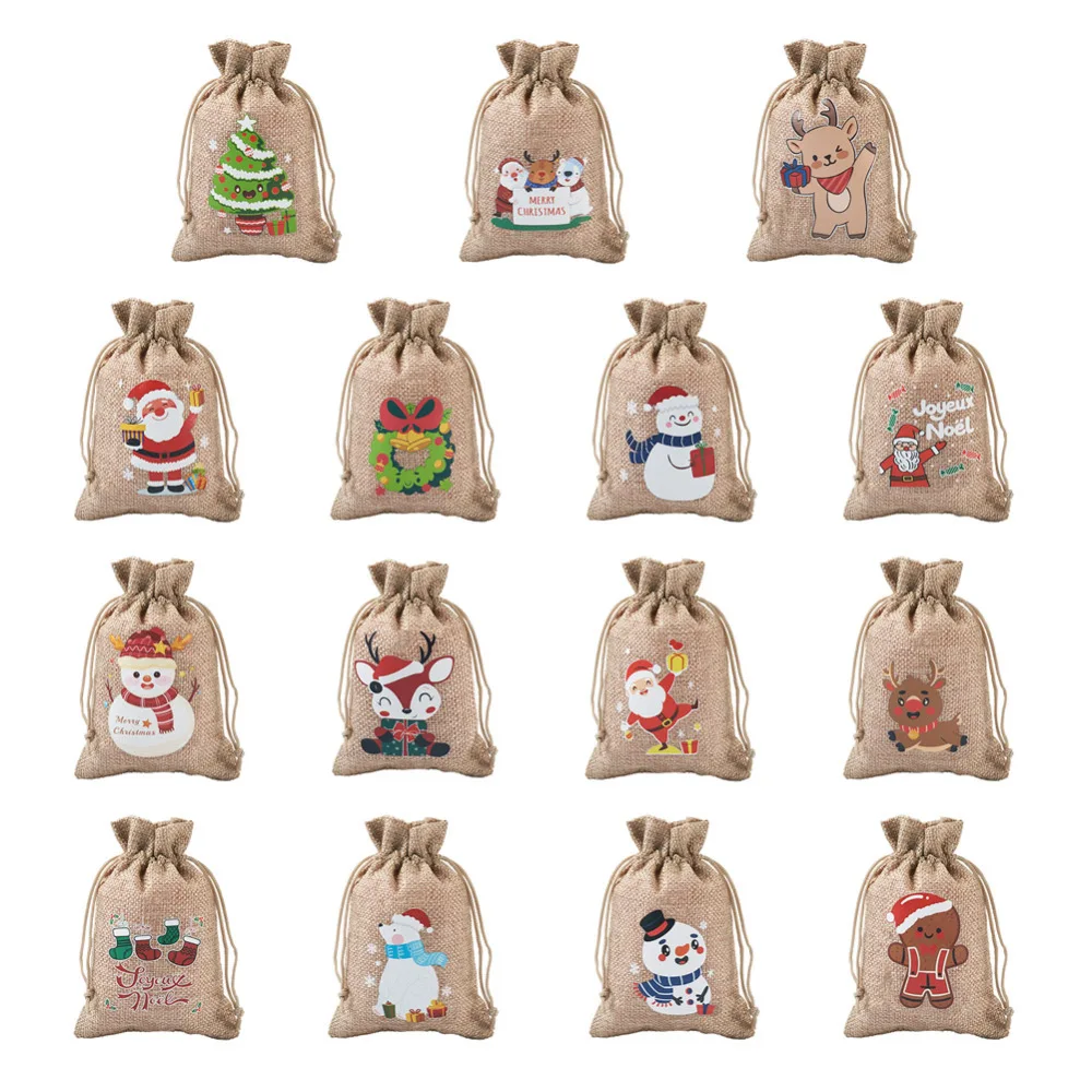 30Pcs 15 Styles Rectangle Jute Cloth Storage Pouches, Christmas Themed Pattern, 13.7~14.3x9.9~10.1x0.25cm, 2pcs/style