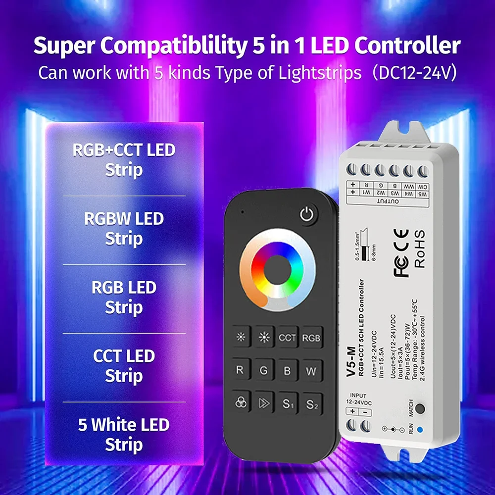2.4G Wireless 5 Channel RGBCCT LED Controller with RF Remote Control for RGBW RGBWW RGB CCT Light Strips Color Chaning DC12V 24V