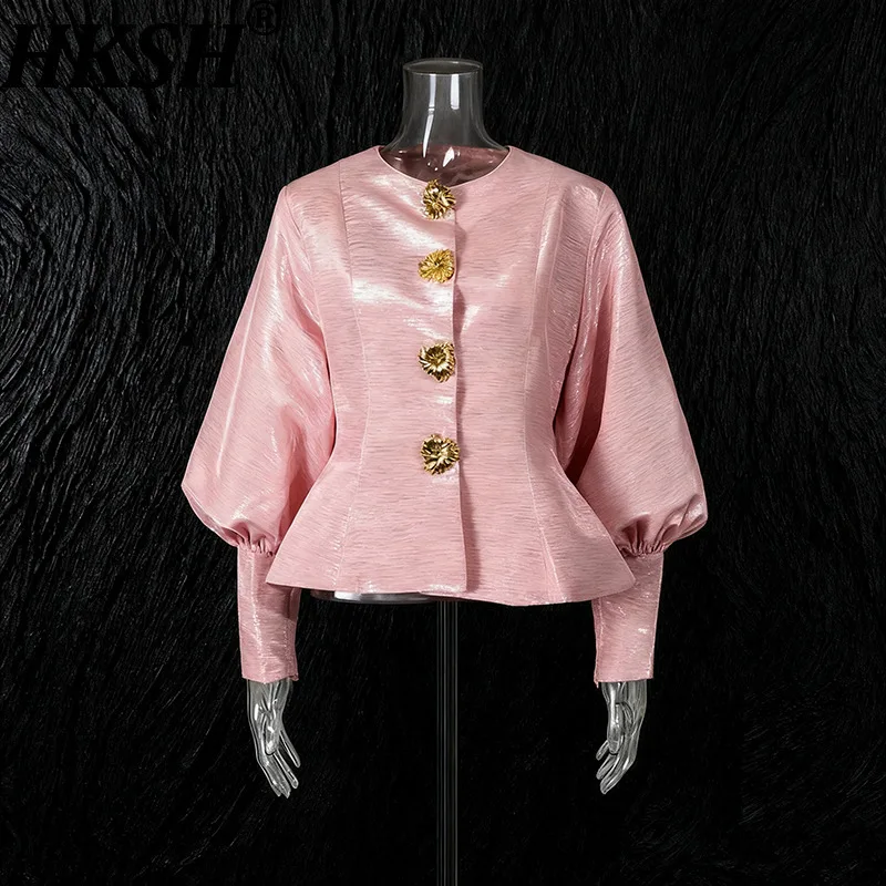 

HKSH весенне-осенняя новая женская куртка с круглым вырезом, модное однобортное однобортное пальто с рукавами-фонариками на талии, облегающее элегантное пальто HK14768