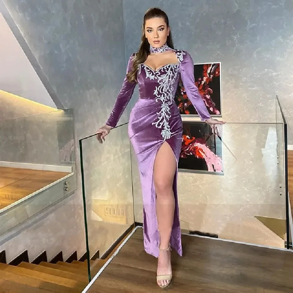 

Romantic Sexy Purple Velvet Applique Evening Gowns High Neck Long Sleeves Mermaid Lace With Slit Side Formal Porm Dresses