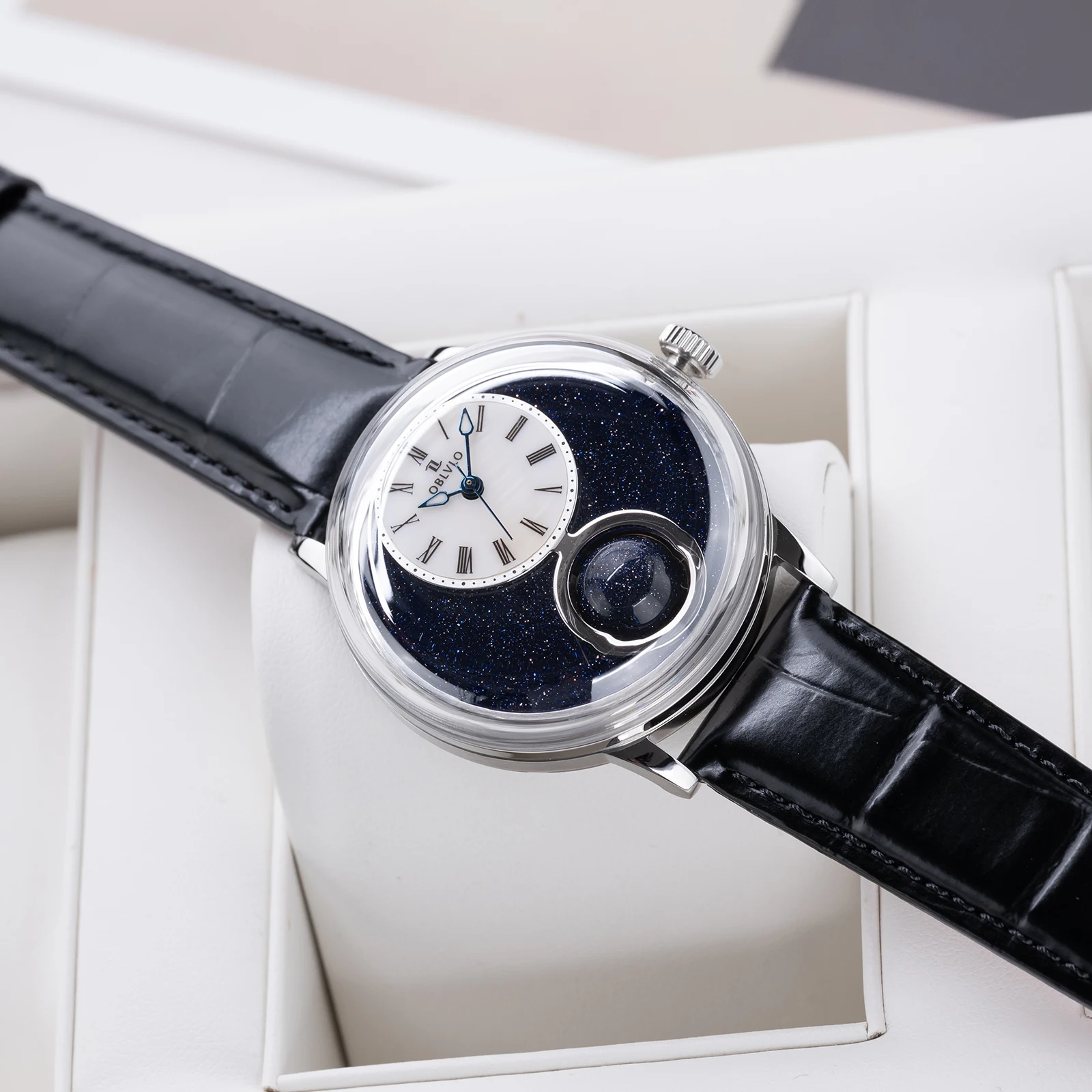 OBLVLO Mens 316L Stainless Steel Mechanical Automatic Watch Hollow Starry Sky 24-Hour Display Leather Strap Classic Wristwatch