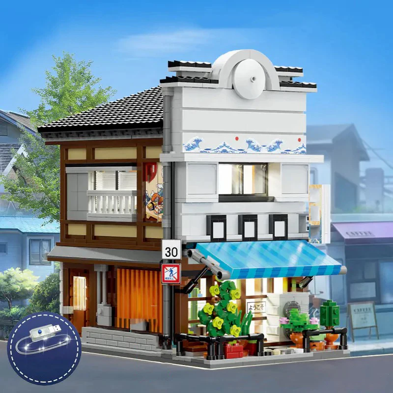 Klemmbausteine Japanisches Sushi mit 1-Figuren-LED-Haus, modulare Bausteine, Stadtansicht, Restaurant, Apartment, Laden, Architektur, Ziegelmodellbausatz, Geschenke, 1665 Teile