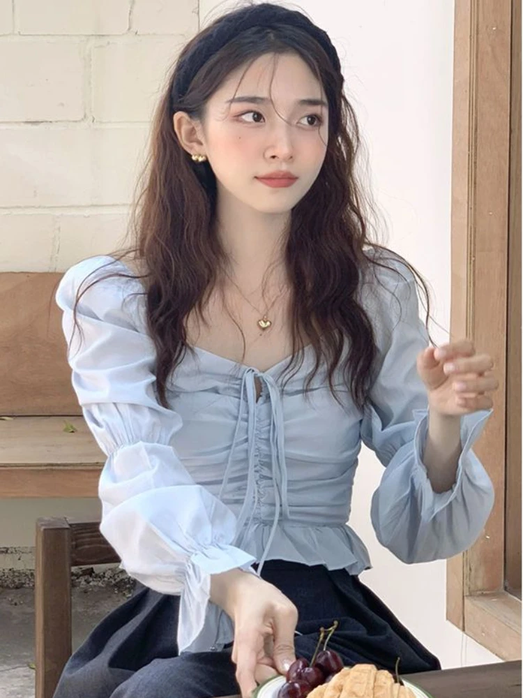 Blouses Women French Style Vintage Spring Flare Sleeve Design Aesthetic Clothing Bandage Navel Crop Top Camisa De Gasa Fashion