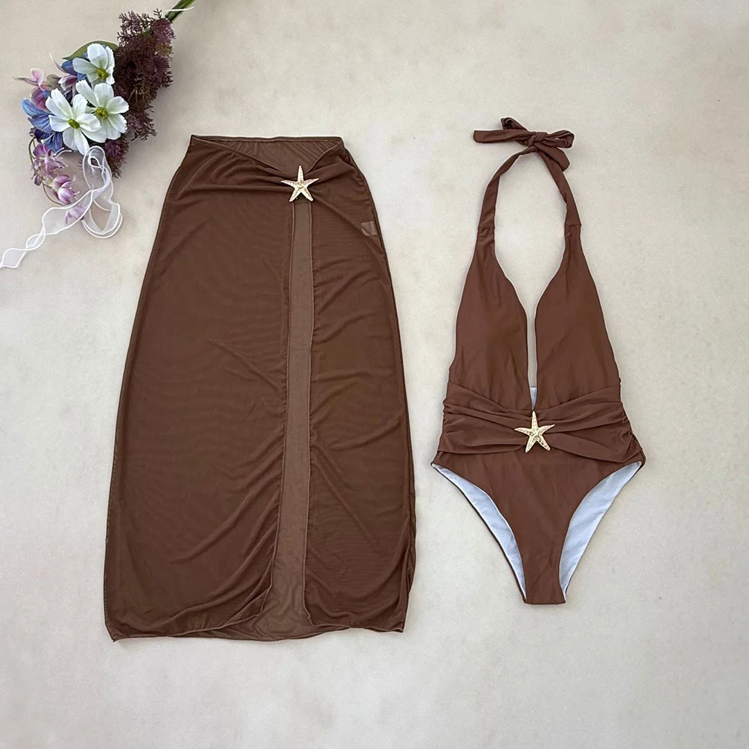 Sexy mit Rock, tiefem V-Ausschnitt, Metallstern, Damen-Badeanzug, einteiliger Badeanzug, rückenfreier Monokini, Badebekleidung, Badeanzug, Modell V6816. – Detail 11