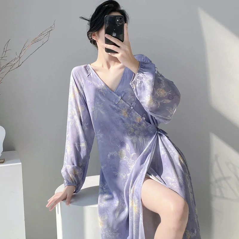 Floral Cotton Silk Nightgown Women, Long-Sleeved, Loose And Thin, Suitable Spring Summer, Simple Comfortable Home Wear