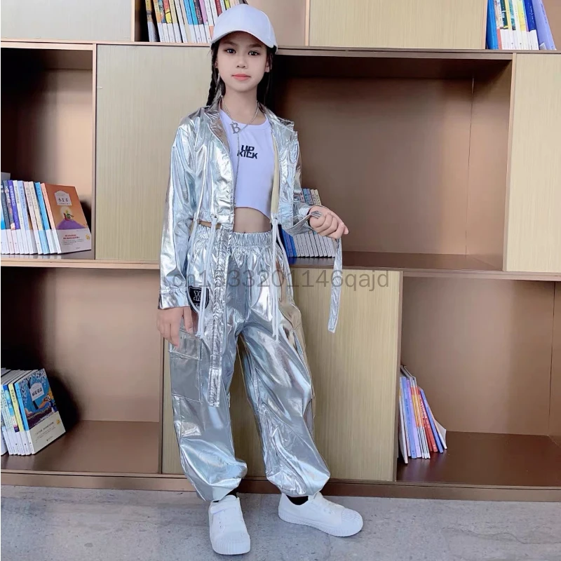 Girls' Jazz Dance Performance Dress, Girls' Hip Hop Silver Shiny Leather Set, Children's Trendy Cool Performance Dress